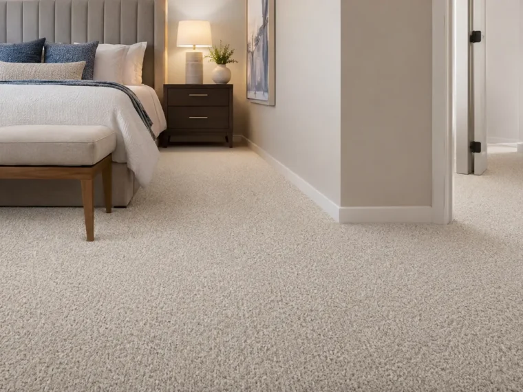 Neutral broadloom carpet installed smoothly through a bedroom and doorway
