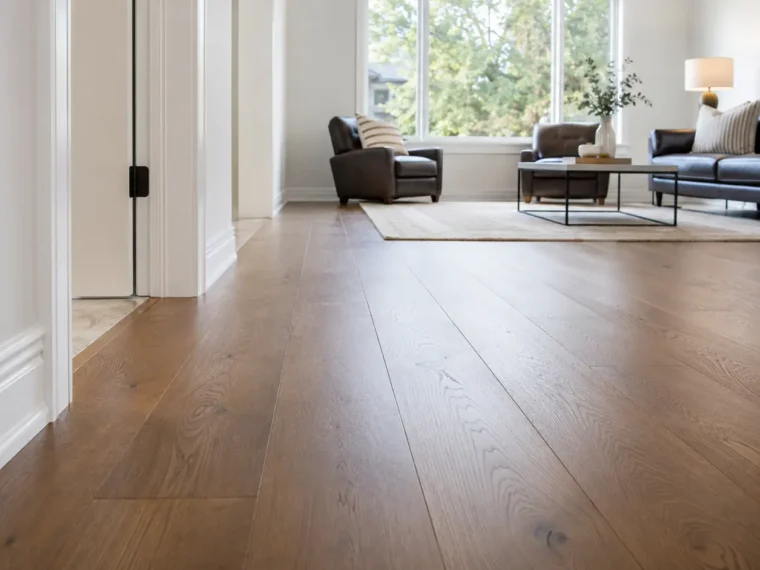 Medium-toned engineered hardwood flooring with a finished doorway transition
