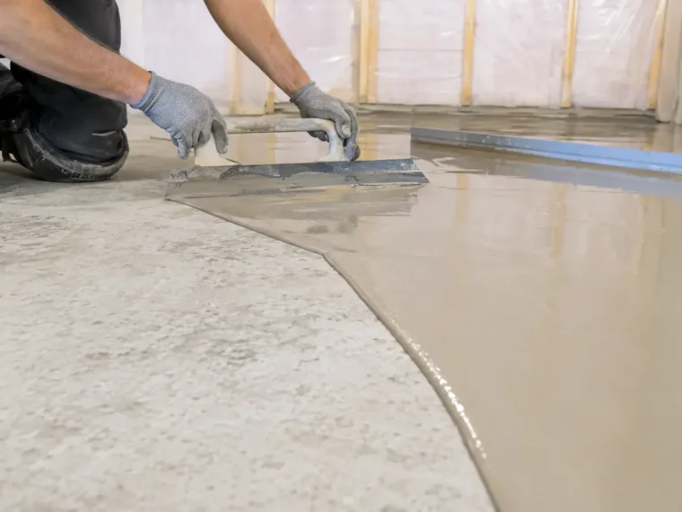 Floor-levelling compound being smoothed over a prepared concrete slab