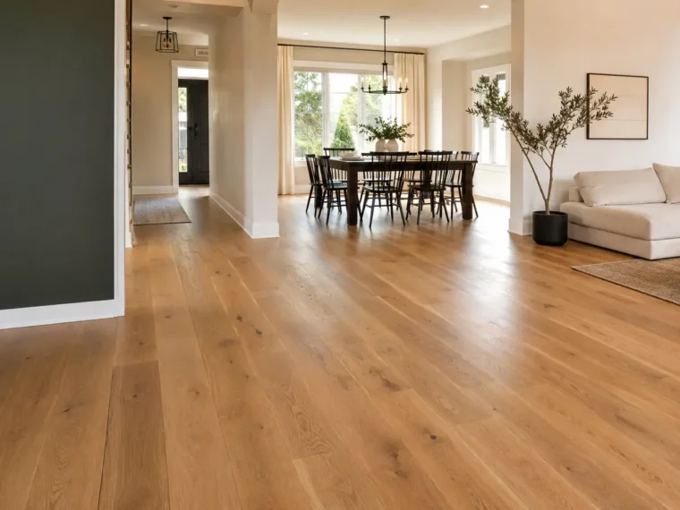 Warm natural oak hardwood flooring through an open living and dining area
