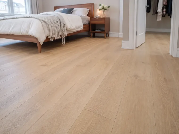 Light oak-look laminate flooring installed in a bedroom and closet area