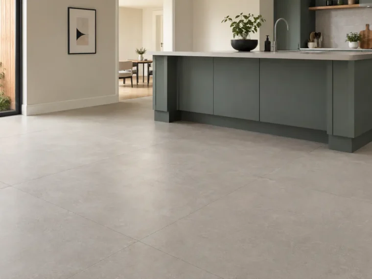 Large-format porcelain floor tile installed in a contemporary kitchen