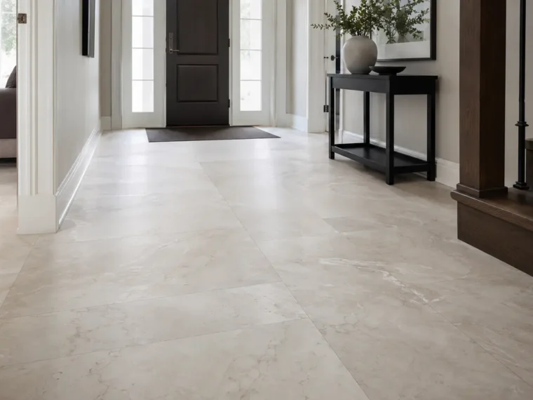 Light natural-stone floor tile arranged through a residential foyer