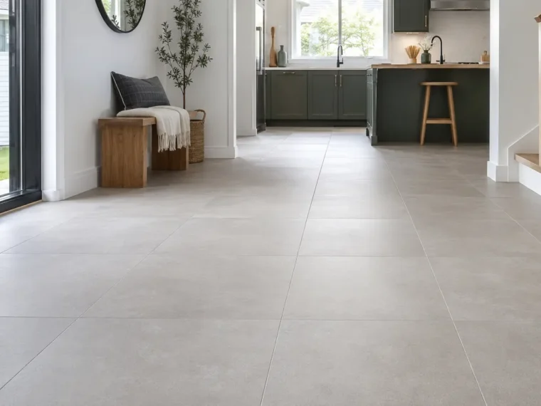 Large porcelain floor tiles installed from an entry into a kitchen