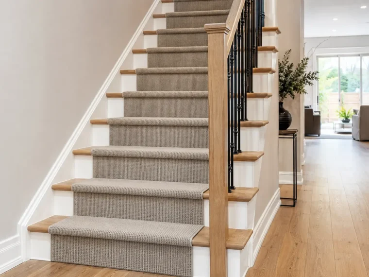 Natural oak staircase with white risers and a neutral woven carpet runner