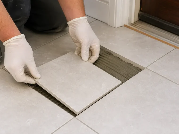 Matching porcelain floor tile being aligned in a prepared repair opening