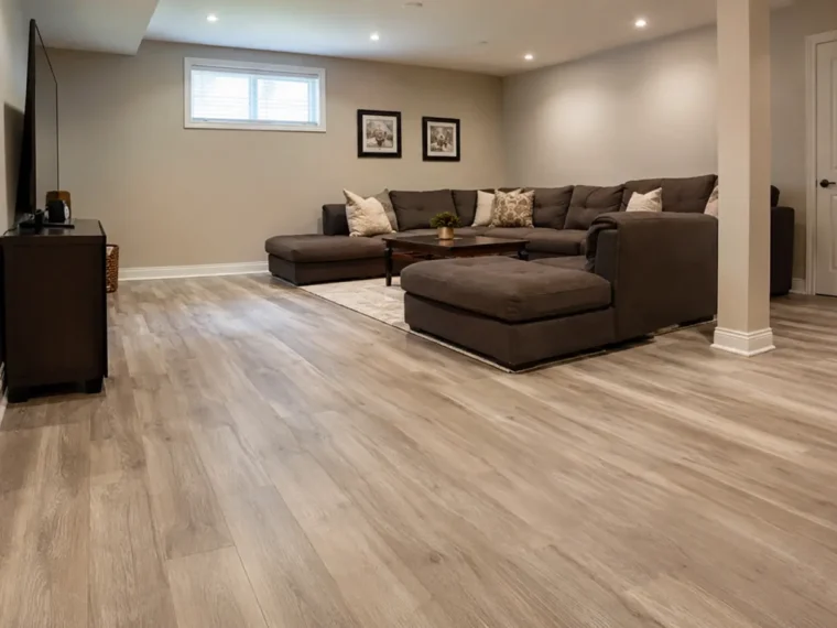 Warm grey luxury vinyl plank flooring in a finished basement recreation room